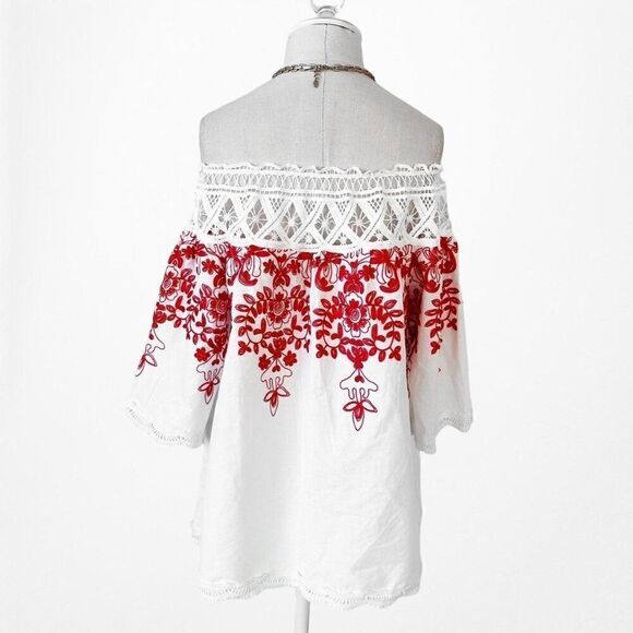 White Off The Shoulder Floral Lace Babydoll Style Cutout Blouse Top Dress Size M - Picture 5 of 6